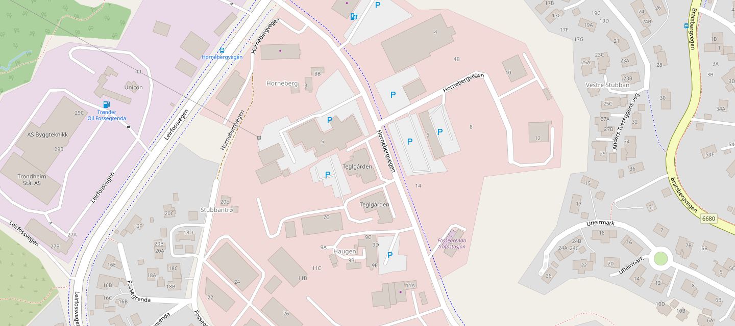 Kart over Horneberg i Trondheim med Hornebergvegen 7A markert, mellom Leirfossvegen og Bratsbergvegen